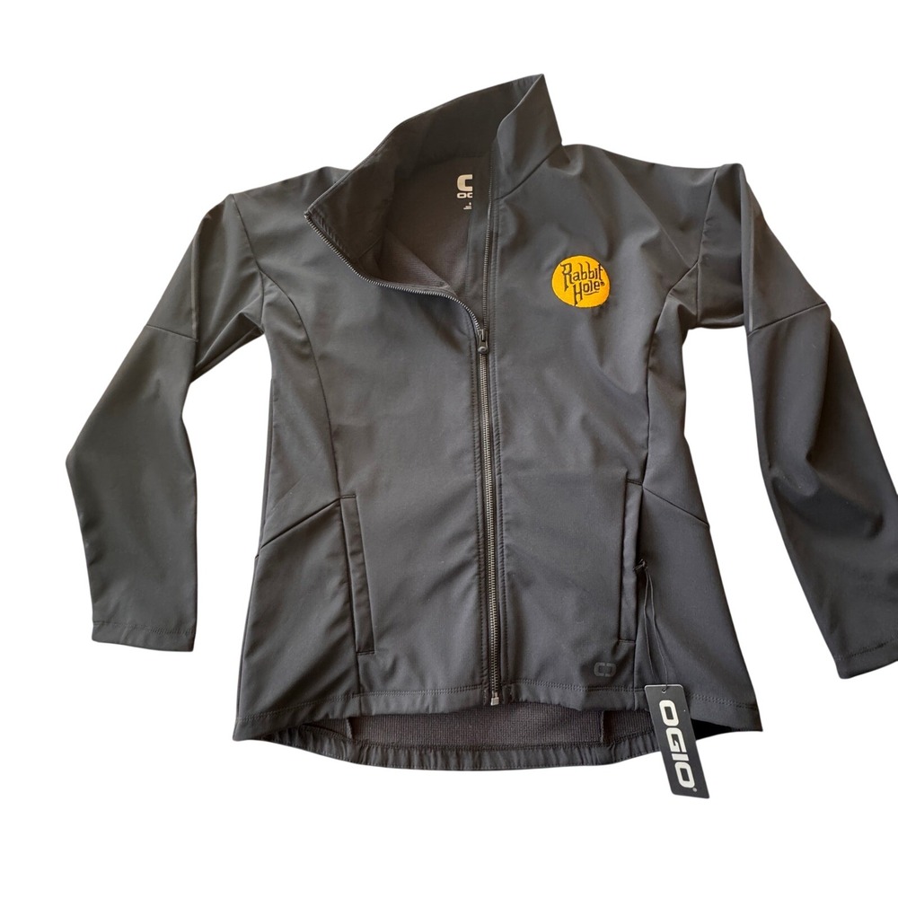 OGIO Softshell Jacket Mens Small Black Rabbit Hole Bourbon Logo Stretch Gorpcore
